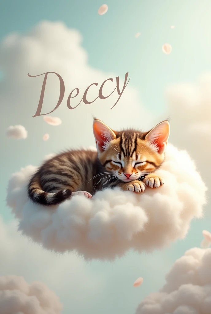 Create a tabby kitten on a cloud and on the cloud the name Deccy