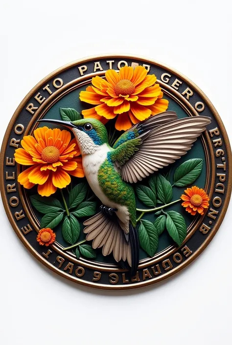 Round medal of a hummingbird with borders around it with a marigold flower in the background and that says RETO MONTERO 2025