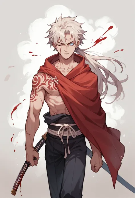 a samurai with dark blond hair, with light blue eyes and his left eye closed by a scar, with a red cloak full of blood, walking over corpses, in his hand a katana full of blood and with a dragon tattoo on his right hand