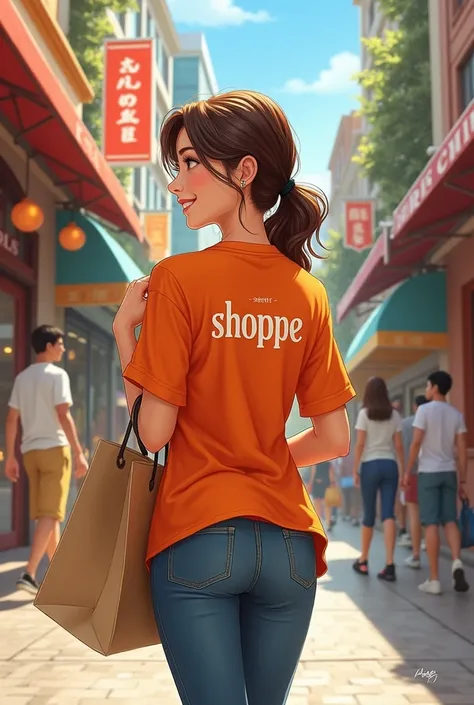 A woman in an orange shirt with “shoppe” written on the back holding a shopping bag