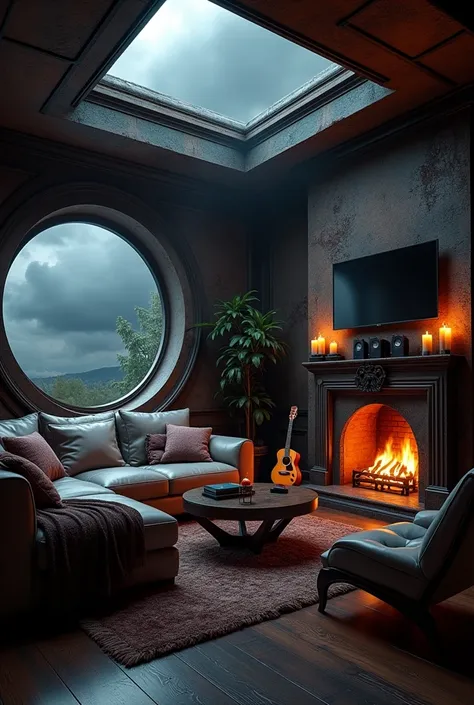 Large cozy den room, rainstorm dark clouds, L shaped couch, pillows, blanket, fireplace, electric guitar, medium tv, surround sound speakers, whiskey, skylight, round window, sexy, homey, dark gentleman decor, candles
