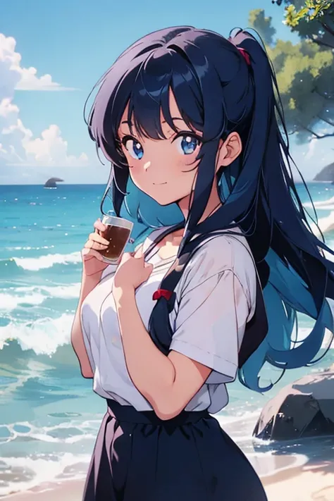 girl,blue hair,blue eyes,long hair,little smile,masterpiece,best quality,super fine illustration,1970s,retoro,retoro anime style,BREAK she is  holding a tea.BREAK beach,beautiful background,detailed background,