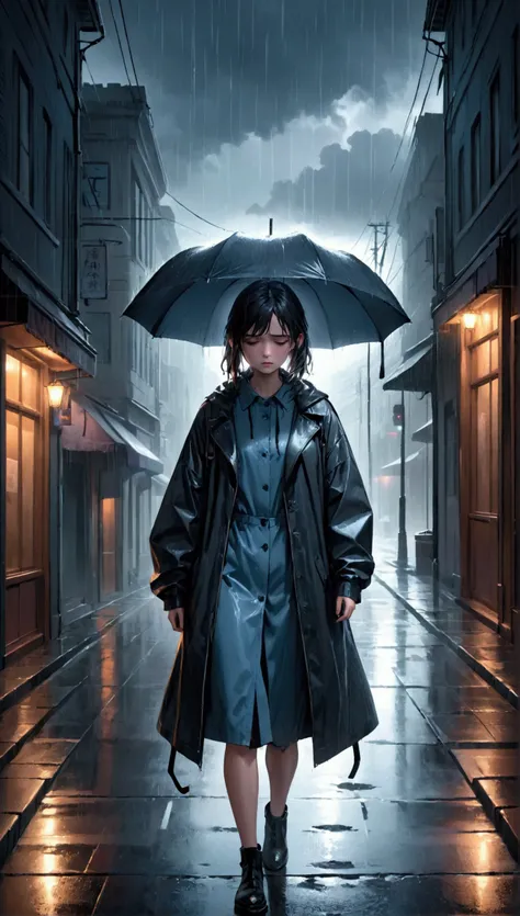 A girl walking in the rain, sad expression, detailed wet clothes, rainy street, dramatic lighting, moody atmosphere, cinematic, melancholy, realistic