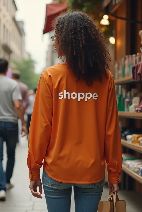 A real woman in an orange shirt with “shoppe” written on the back holding a shopping bag