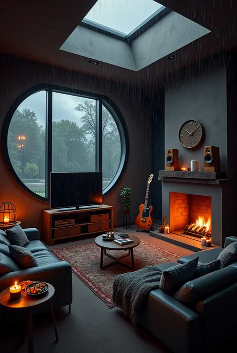 Large cozy den room, rainstorm outside, dark clouds, L shaped comfy couch, pillows, blanket, fireplace, electric guitar, medium tv, speakers, dimmly lit, snacks on a small side table, hot coffee, whiskey, skylight, round window, sexy, homey, gentleman deco...