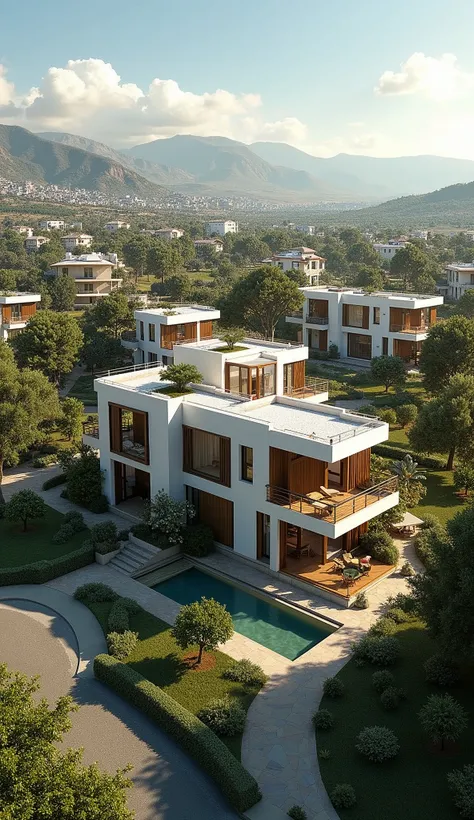  A render of the future development with different houses separated and with a non-futuristic aesthetic that also includes parks, Modern and beautiful Peruvian nationality and green areas with panoramic views 