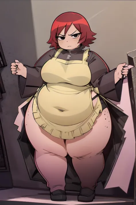 Who is new, indoors, Looking at the audience, 1 obese Girl, Solitary, angry, blush, Wide hips, Willow Waist, freckle, Red hair, black eyes:1.4, short hair, , thick thighs, Fat Curvy beauty:1.2, BREAKMaid costume, apron, High Leg Raise, Thighs squeeze huge ...