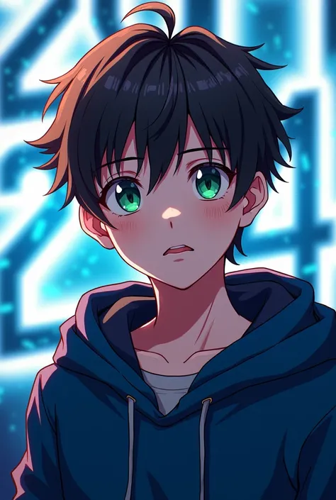 anime teen boy with dark blue hoodie,green eyes and dark brown hair with a background that says 2024 in white and blue background
