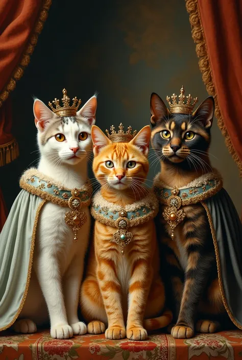 Create a painting-type image of an old-fashioned kind of style in the reign of the kings of Spain, that has three cats, a white cat with a few pale grey stripes, an orange-yellow cat, with fainter orange stripes, and a dark brown and light brown raccoon-li...