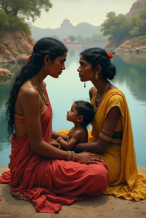 North Indian slave woman, and south indian slave woman, gupta era, both are sitting beside a lake, glaring at eachother while caring for eachothers  child 