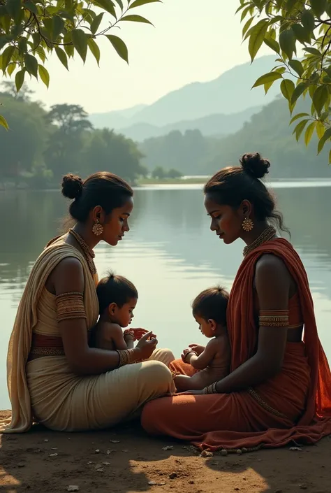 North Indian slave woman, and south indian slave woman, gupta era, both are sitting beside a lake, glaring at eachother while caring for eachothers  child in their lap, breastfeeding them