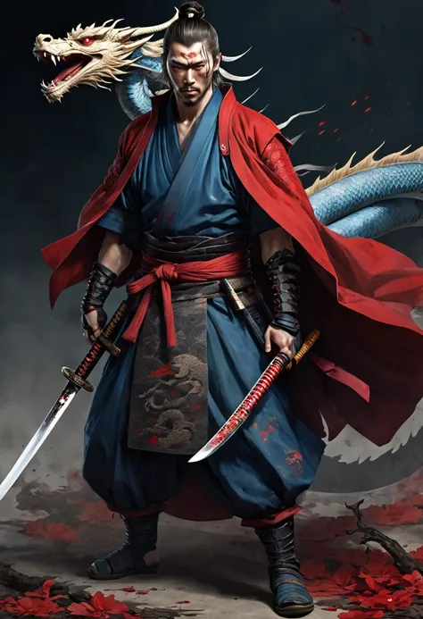 a samurai with dark blond hair, with light blue eyes and his left eye closed by a scar, with a red cloak full of blood, walking over corpses, in his hand a katana full of blood and with a dragon tattoo on his right hand