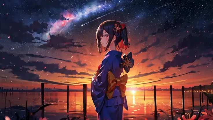 1 girl, distant girl wearing a kimono staring at the stars, (away:1.1), (meteor shower:1.2), (comet:1.1), Your name, low angle, from behind, Aroura boreal, Shooting Star, Yukata, red kimono, Cherry blossoms, standing in a field,Best Quality, masterpiece,  ...