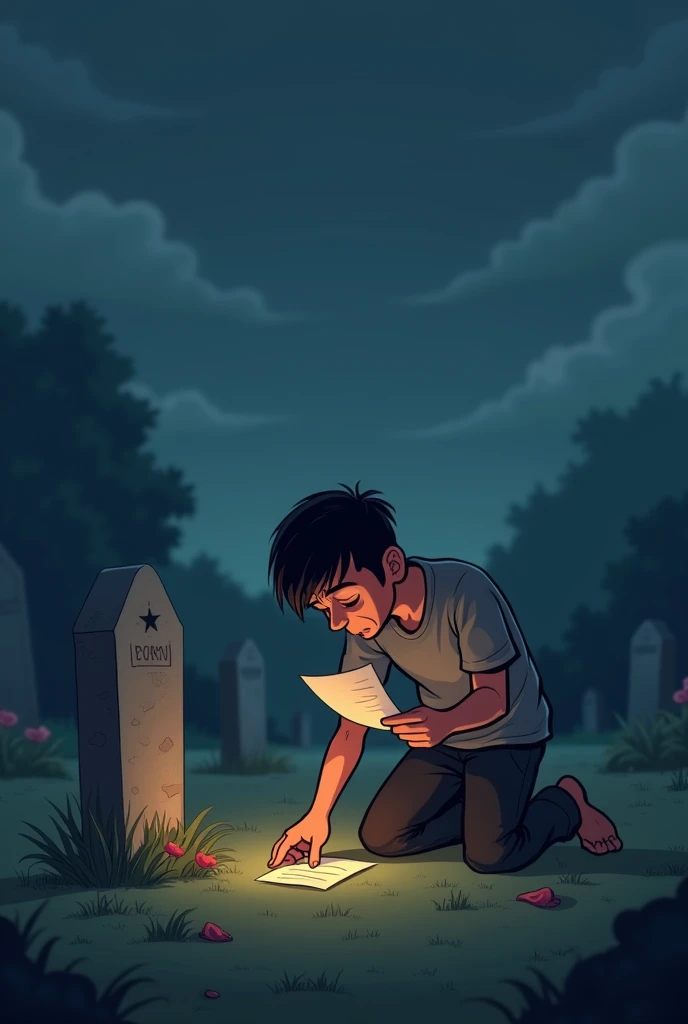 man crying on a grave while holding a paper in his hand cartoon