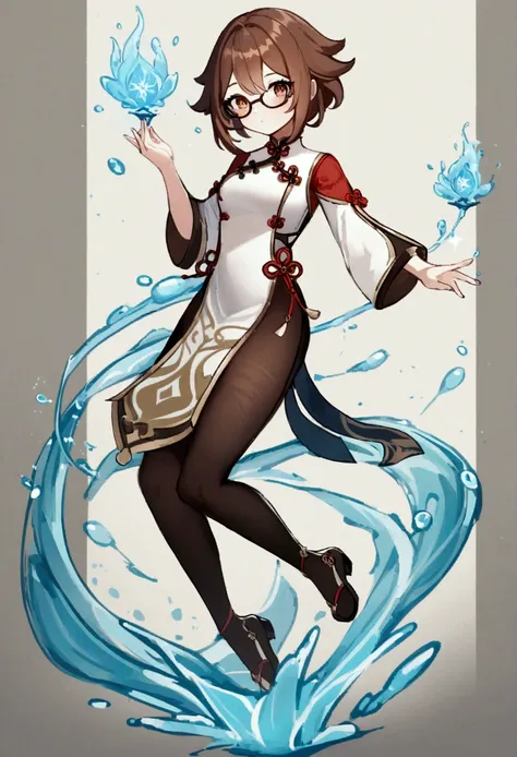 Genshin Impact, splash ert, brown hair, hazel eyes, girl, kind, Liyue, Chinese clothes, stylized clothes, glasses, hydro vision, water powers, full body