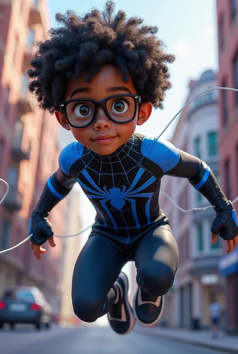 A brown boy with glasses and curly black hair , and with the powers of Spider-Man, blue and black.