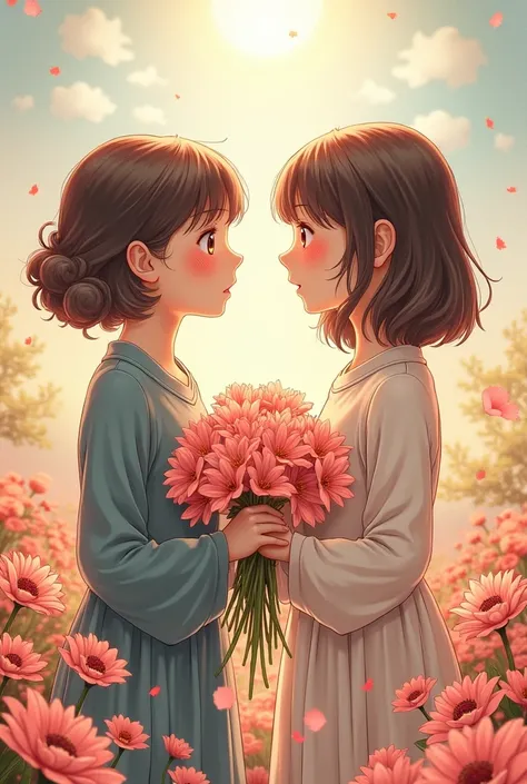 Two-dimensional girls enjoying flowers