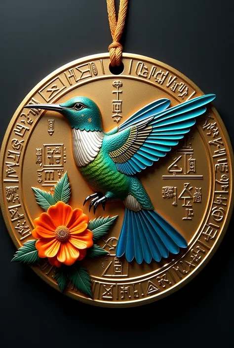 Round medal of a Mictlan hummingbird with Egyptian motifs around it with a marigold flower under its beak 