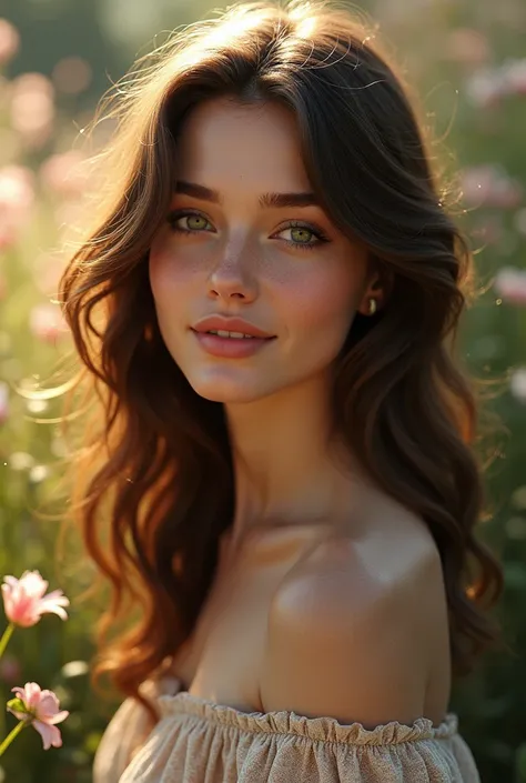 Create a brunette woman with wavy hair and a shy smile in different environments