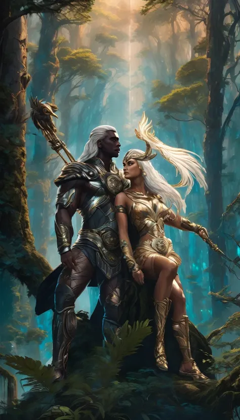  observe the intricate details of dark choclate male warrior with white hair and female goddess hera in a heated conversation from birds eye view in a dark futuristic forest each representing their unique powers and personalities.