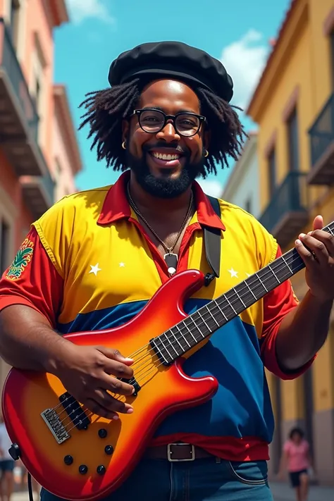 (A dark-skinned tropical musician with a fat build playing babybass in a square dressed in the Venezuelan flag, smiling with glasses and a black beret 