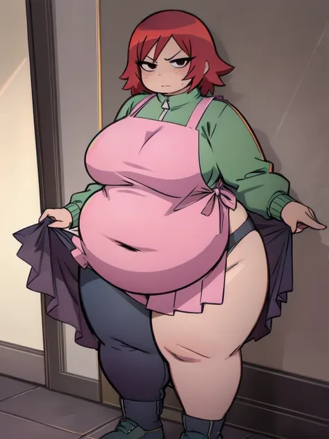 Who is new, indoors, Looking at the audience, 1 obese Girl, Solitary, angry, blush, Wide hips, Willow Waist, freckle, Red hair, black eyes:1.4, short hair, obese body , thick thighs, SSBBW, Fat Curvy Beauty:1.2, BREAK,sexy, apron, High Leg Raise, Thighs sq...