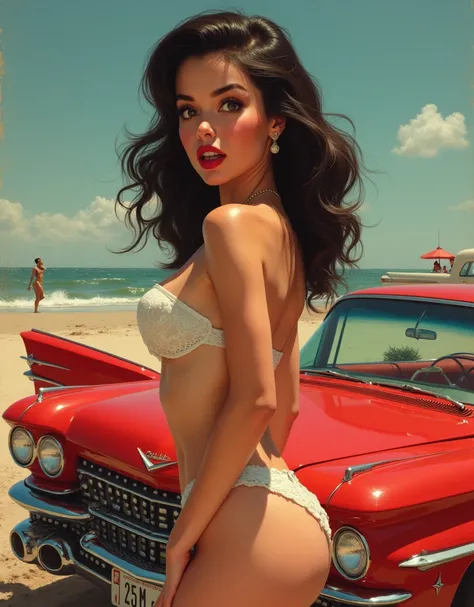 isabelmoner-smf, dora:1.5, with a surprised face, big eyes, standing by a broken red Cadillac, Gil Elvgrens style, artgerm,Colorful pin-up art, Gill Elvgren,
 (realist in the style of David Barnett · Newton Hellmuth · Yuriy Arkurs ), based on Gil Elvgren, ...