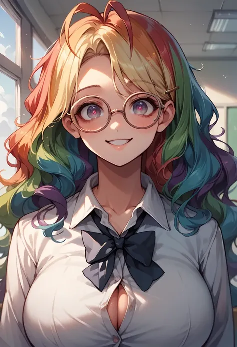 (masterpiece), very detailed, expressive eyes, innocent smile, wide eyes, airhead, huge breasts, schoolgirl uniform, button up top, glasses, long wavy hair, antenna hair, rainbow color hair, portrait, face focused, classroom, day time, 