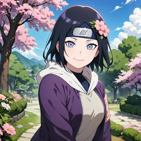 1girl, Hinata Hyuga, Naruto, main character, smiling, long black hair with purple highlights, white hoodie and purple jacket, black headband with a symbol, pink flower in hair, pink flower on jacket sleeve, green trees and blue sky, masterpiece, best quali...