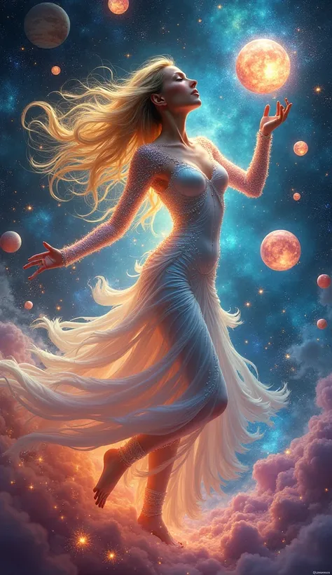 A dazzling and surreal depiction of a woman immersed in a cosmic dance, surrounded by a vibrant, swirling universe of planets, stars, and colorful orbs. Her figure is adorned in a futuristic, form-fitting gown that seems to merge with the cosmic elements a...