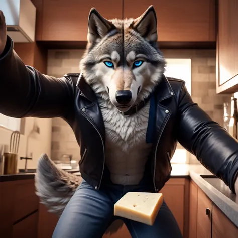 sexy posing, 1male, 30 years old, cute, eyeliner, bedroom eyes, lip biting smile, black leather jacket, anthro, wolf ears, wolf,...