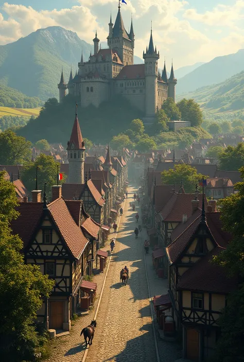 Medieval town with large castle in the background 