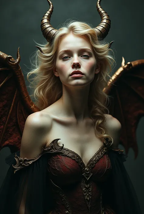 Woman with angel face in devil costume