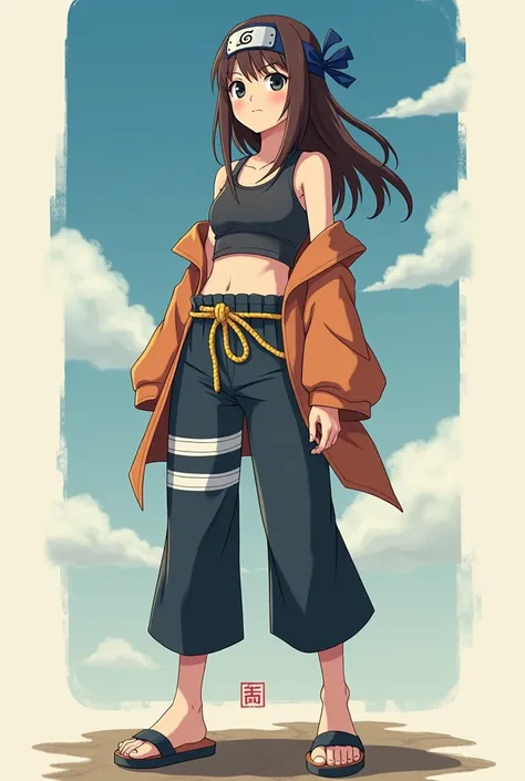 Une jeune femme dans le style de naruto. 
Elle porte un bandana qui couvre le dessus de sa tête, laissant voir ses cheveux longs et bruns.
Ses yeux sont noirs et elle a un trou visible dans lun de ses sourcils.
Son haut consiste en un débardeur avec un kim...