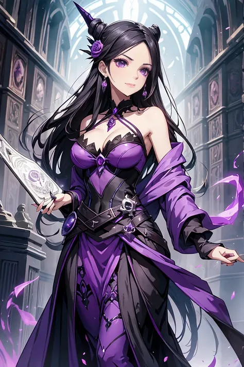 arafed woman in a purple dress holding a wand and a skull, liliana vess, dark fantasy female magician, magic the gathering sorceress, necromancer sorceress, alluring mesmer woman, evil sorceress, artgerm julie bell beeple, sorceress, fantasy card game art,...