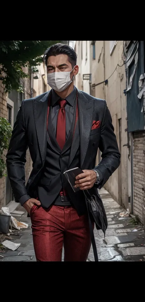 Man with white mask without contours. Horror at night in an alley.