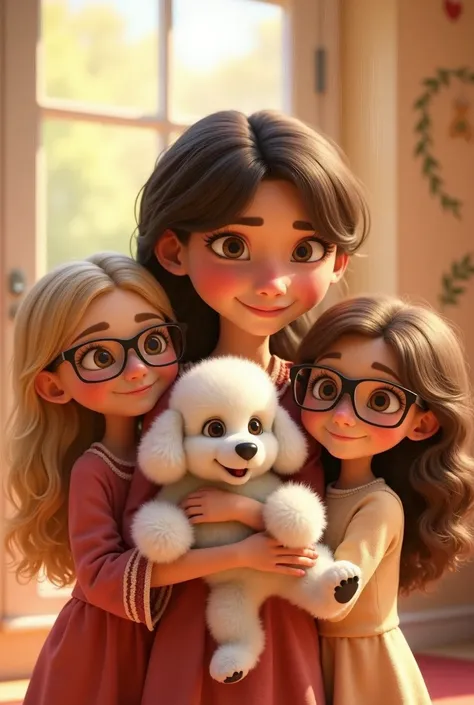 a mother with her two daughters, daughters wear glasses, one of them blond pearl, the other one has brown hair, Mom holds a white poodle dog, pixar animated design