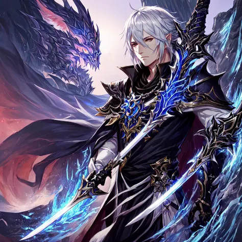 anime style image of a final fantasy au ra man with white hair and black scales with scars on his face dressed in a knight outfi...