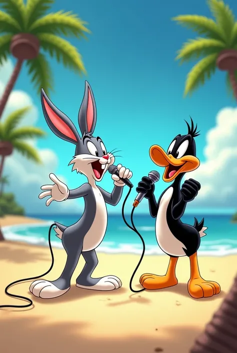 Bug bunny on the beach with daffy duck singing karaoke