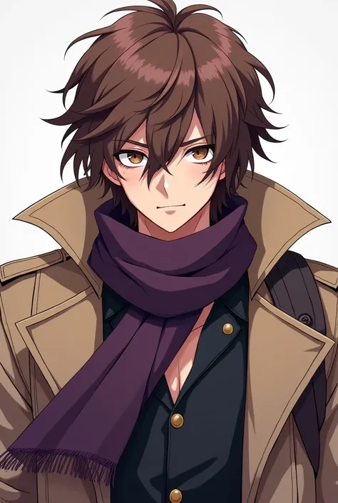 Anime style ,  looking  male rogue ,medium long brown wavy hair ,dark purple teathered scarf ,brown trenchcoat