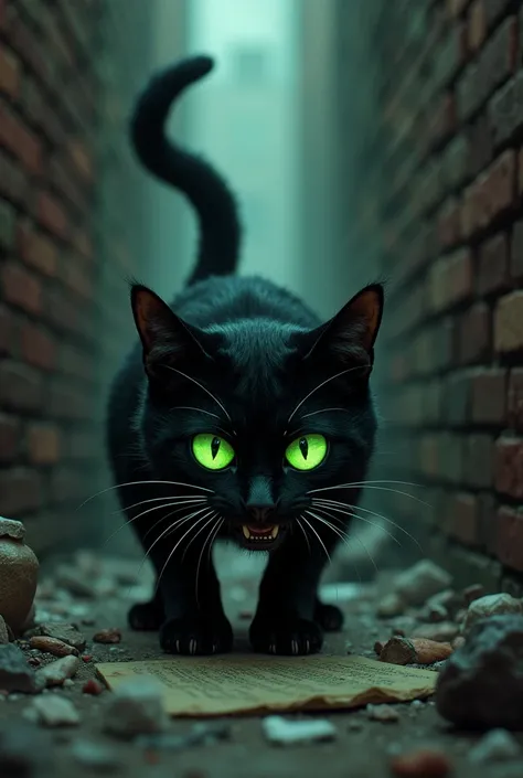 desperate green-eyed black cat cornered in dead end