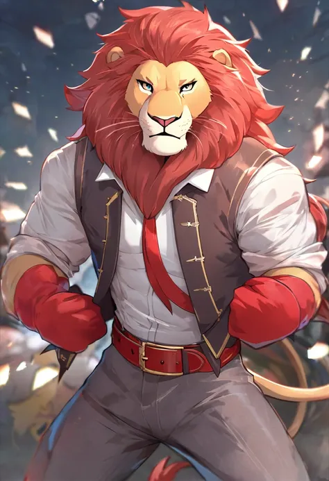 Paddle Pop lion, paddle pop begins cartoon, wears a white shirt with details in the collared with a brown vest, red gloves,gray pants thick fabric, red belt in style feline and boots red with details, extremely beautiful face, muscular body, gentle look, h...