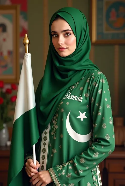 Create a profile picture with hijab  girl shes were a drss green and white and in hand Pakistani falg and write tha  name in dress in front  (Shamaim) ..or background happy independence day 