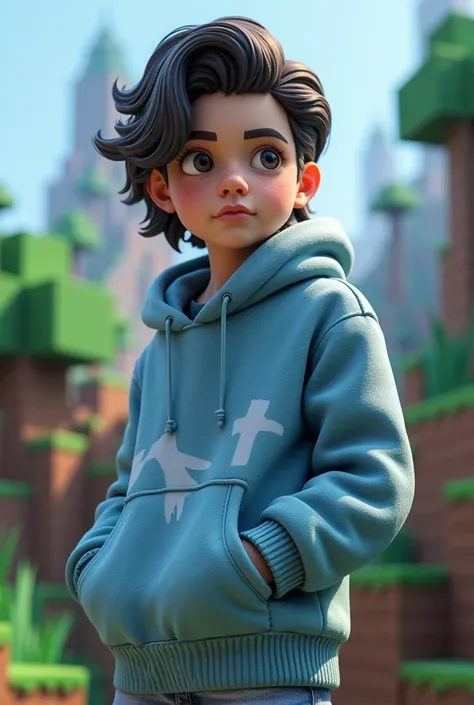 Minecraft character with gray sweatshirt and blue sweatshirt with almost long hair