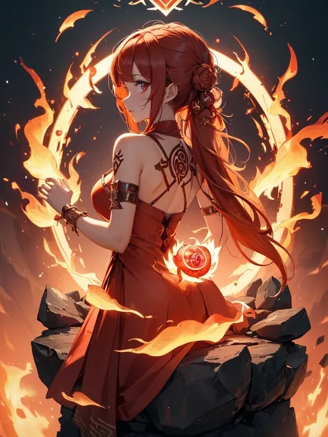 (((best quality, sharp image, clear image, cinematic lighting, 8k resolution, masterpiece, ultra detailed, intricate))) Girl, (((looking over shoulder))), shot from behind, ((half shot)), fire mage, cute, fiery red hair, pigtails in hair, (intricate dress)...