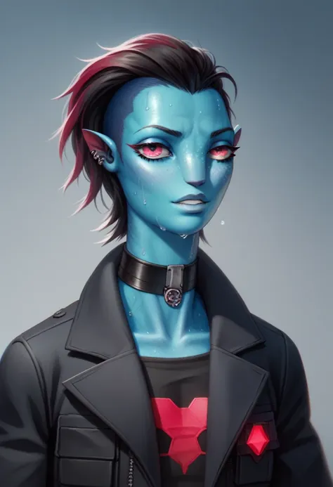 oc,na’vi, a alien blue skin skinny buff femboy man wearing black trench-coat with a red mark on the bust,thick, in an 80’s style...