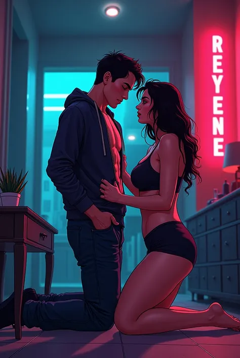 cartoon style more cyberpunk Man and woman in hot erotic scene, man standing, woman kneeling unzipping, both dresses, man with a normal body without definition, chubby woman, in a dimly lit room, pop art, neo noir, comic