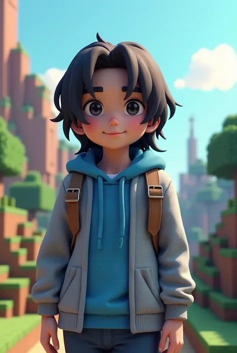 Minecraft character with gray sweatshirt, blue sweatshirt, almost long hair, Minecraft version