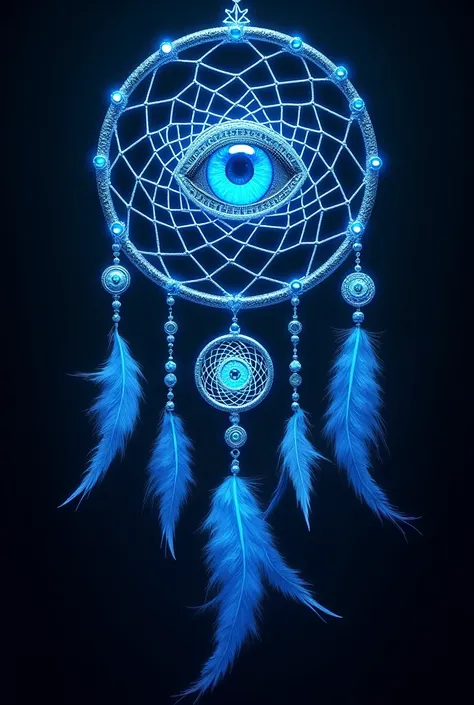 Blue Turkish eye dreamcatcher wallpaper on black background that glows neon