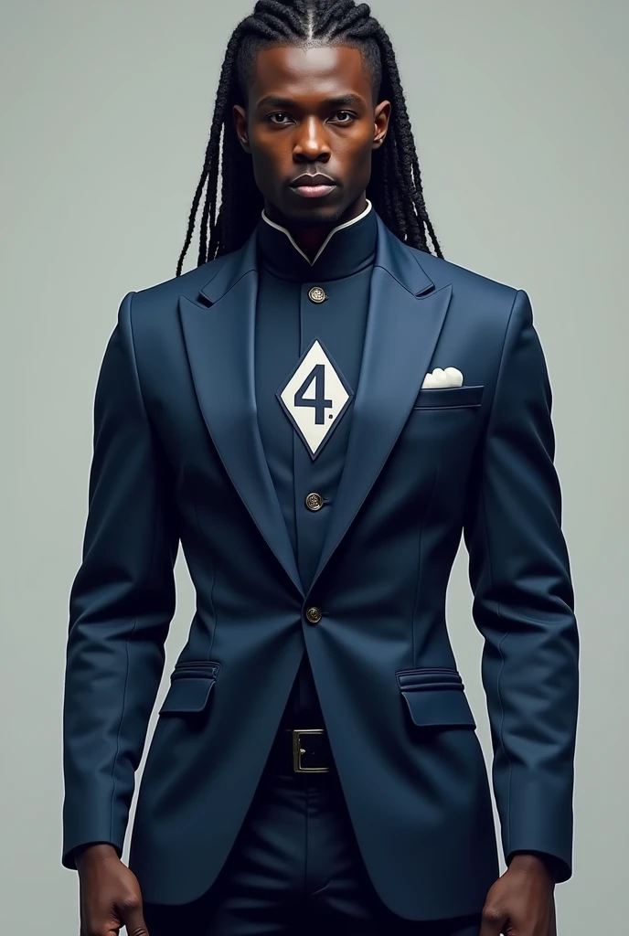 black male, cornrows hair, uniform blue ,with white,white diamond symbol with the number 4 in the center, On the chest